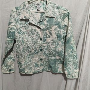 Graff Byum Company Womens Printed Button Front Jacket PS Blue White Floral Flaw